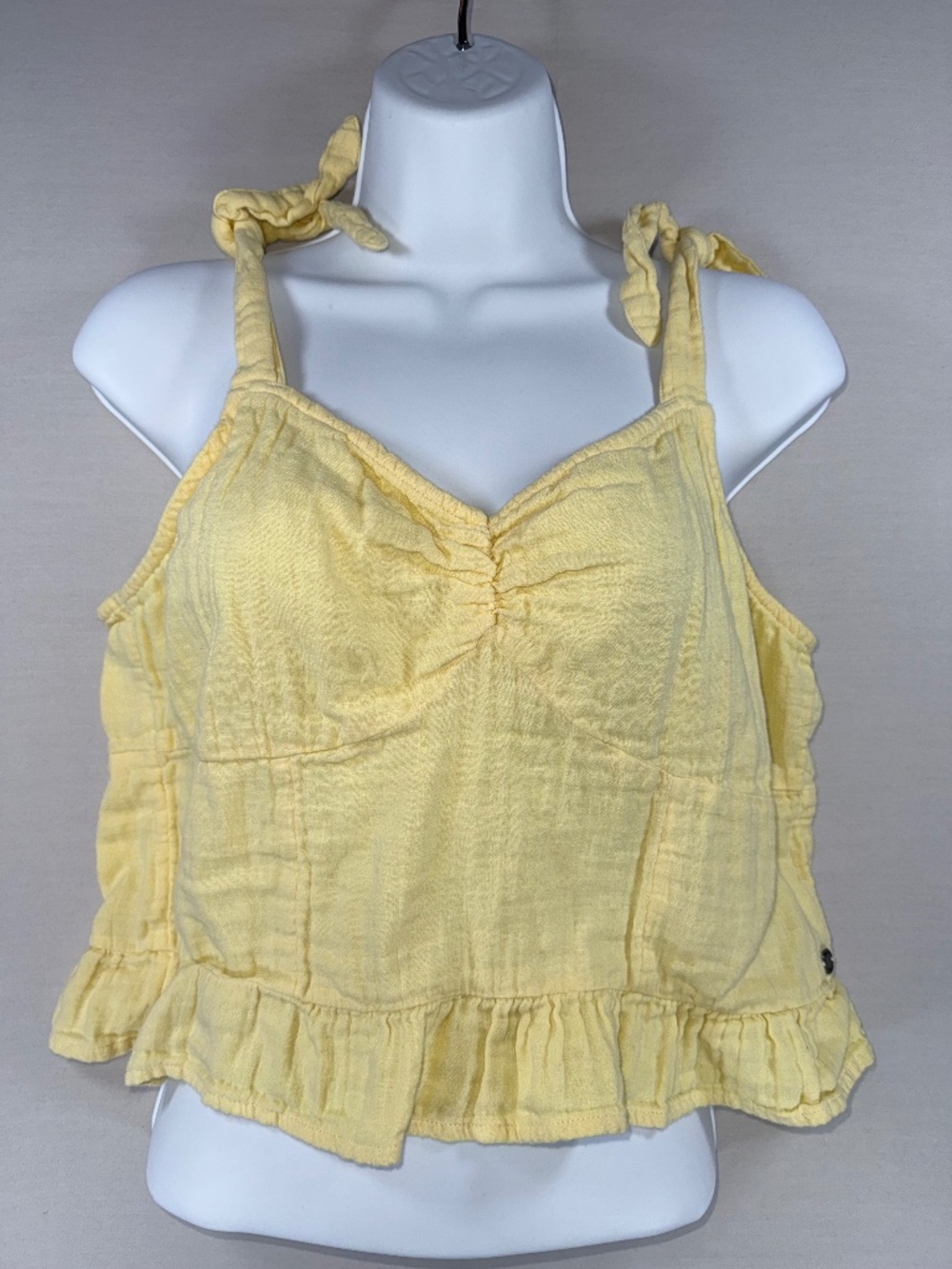 Roxy Beyond Me Yellow Crinkle Cotton Tie Strap Smocked Crop Tank XL